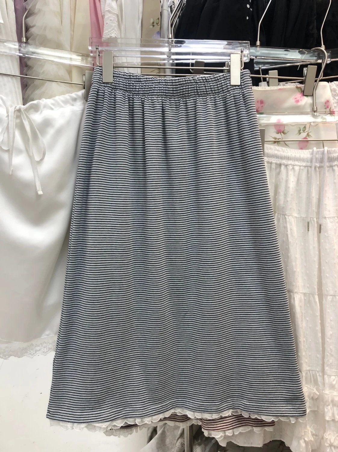 

Женская летняя юбка миди прямого кроя А-силуэта с завышенной талией, высококачественная, из полиэфирного волокна, с цветочным кружевом по подолу, в полоску, коллекция 2026 года