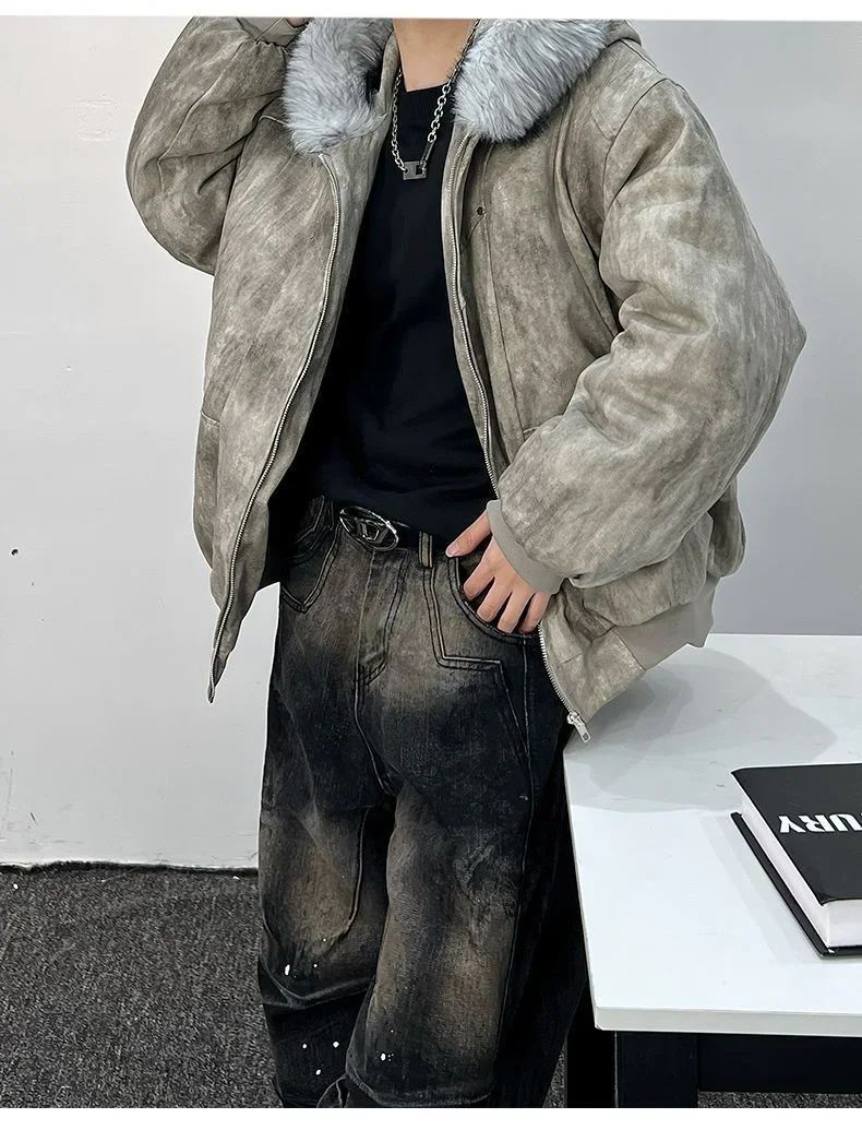 2025 new cotton jacket winter mountain carving thickened tie-dye fur collar set cotton jacket same style for men and women