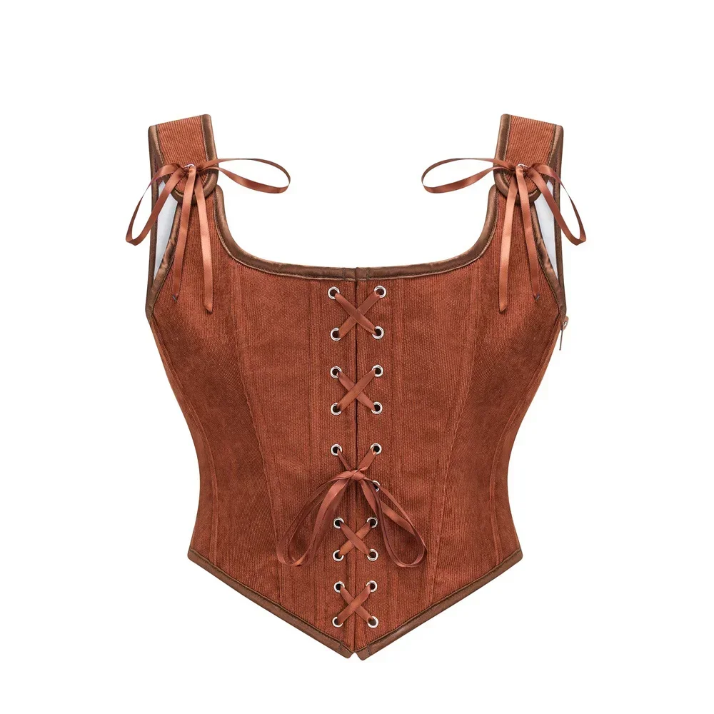 Brown Corset Tank Top Vintage Gothic Women Sexy Lace Up Bustier Waist Trainer Body Shaper Steampunk Shapewear Slimming Vest