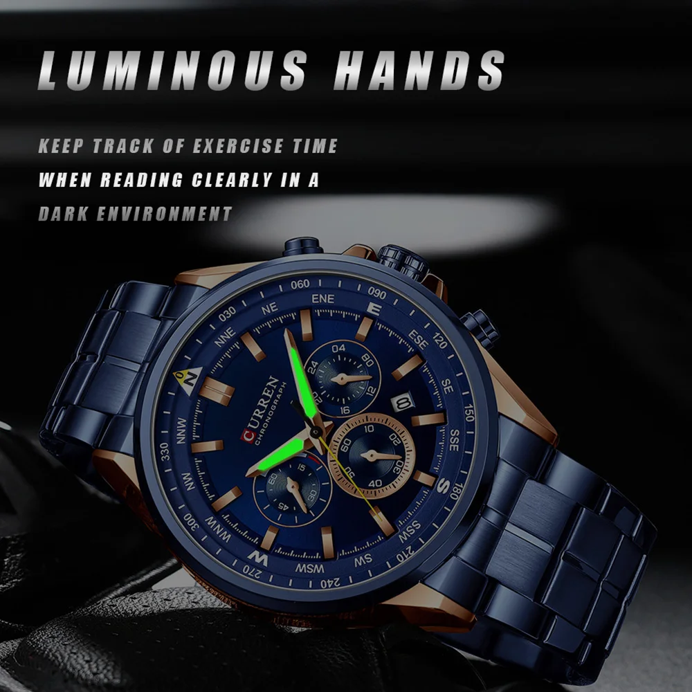 CURREN Luxury Brand Watches for Men Casual Sporty Quartz Wristwatch with 316 Stainless Steel Band Chronograph Clock Male Silver