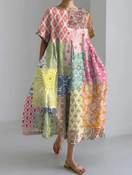 2024 New Women's Round Neck Long Casual Dress Summer Large Size Fresh Fish Print Dress Street Vacation Short-sleeved Dress