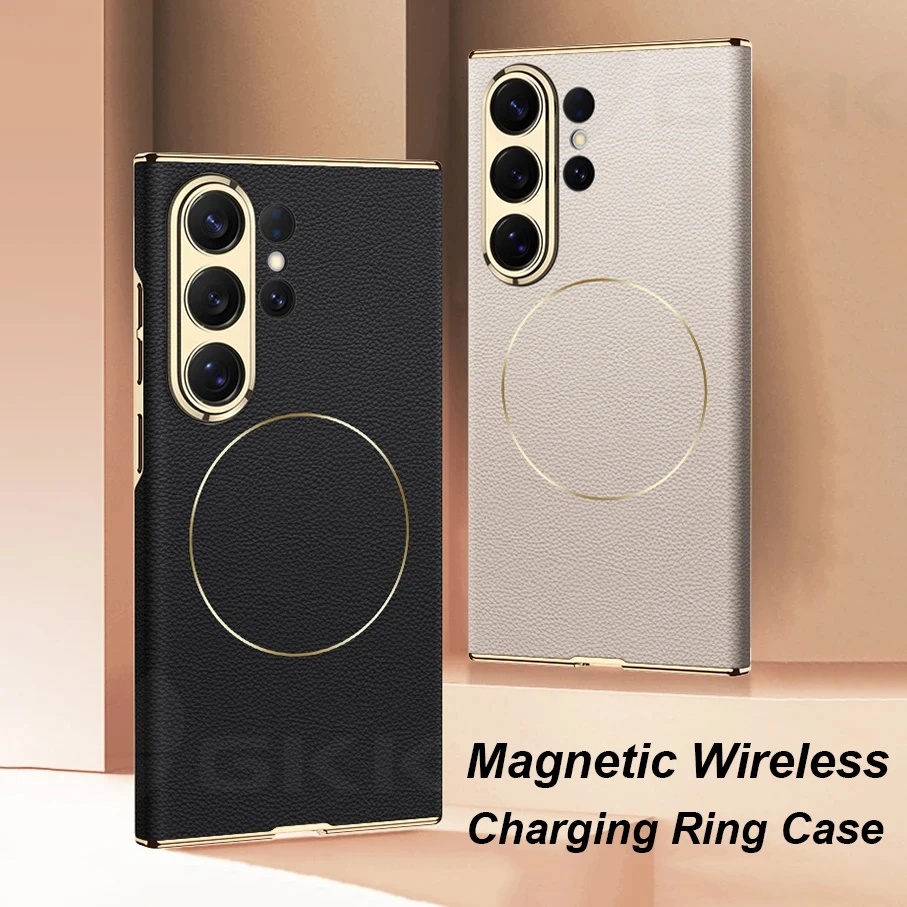 Luxury Plating Leather Case For Samsung Galaxy S26 Ultra For Magsafe Charge Curved Edge Hard Cover For Galaxy S25 S24 Ultra Case