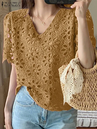Imagen 2 del producto ZANZEA, Blusas caladas bordadas a la moda de verano para Mujer, Blusas informales de manga corta con cuello en V, Blusas de encaje caladas para Mujer, camisas sólidas