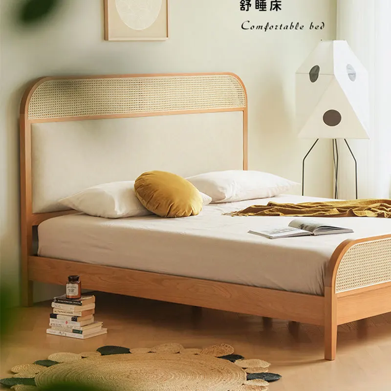 سرير الروطان الياباني القديم من خشب الكرز والأثاث الخشبي الصلب شقة صغيرة 1.5 متر 1.8 غرفة نوم رئيسية سرير مزدوج لحفلات الزفاف