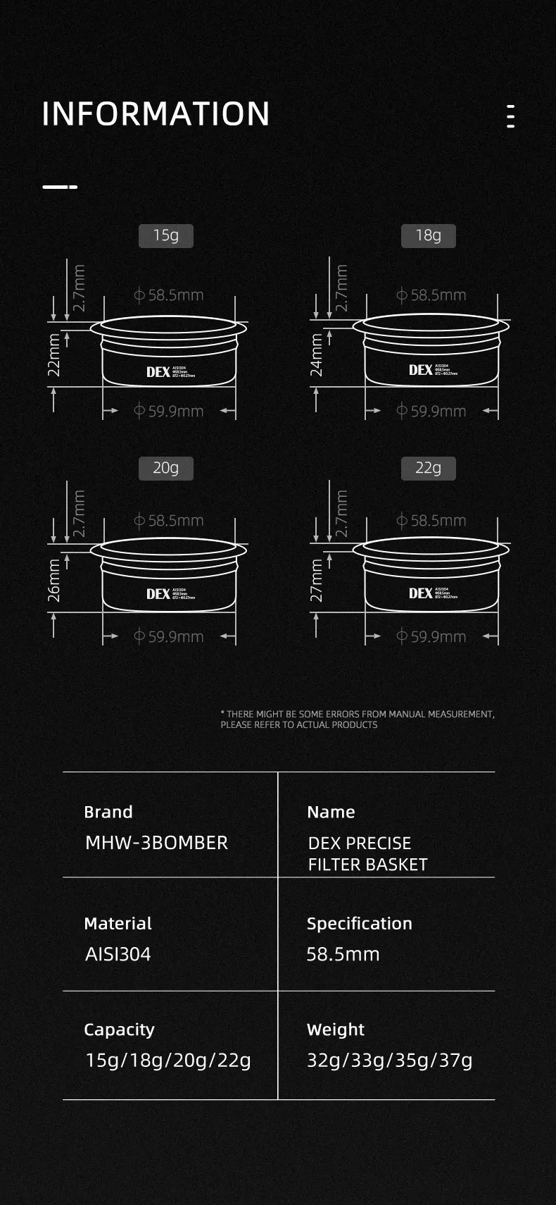 MHW-3BOMBER DEX Präzise 58,5mm Espresso-Kaffeefilterkörbe mit Espresso-Puck-Sieb Passend für 58mm Siebträger Barista-Zubehör – Detail 2