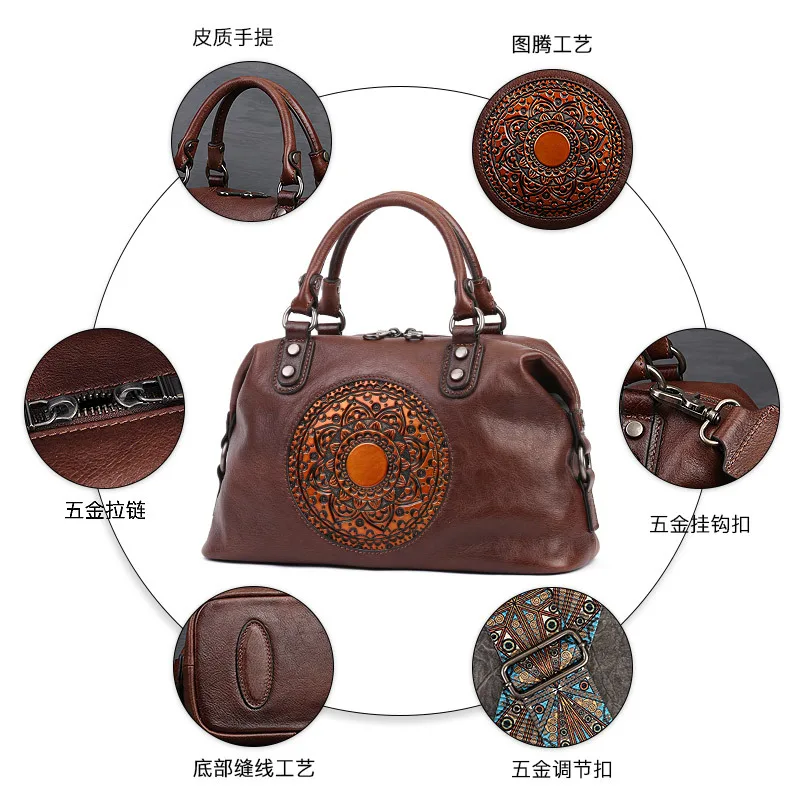 Embossed totem tote bag, top-grain cowhide commuter handbag, large-capacity handcrafted single-shoulder bag