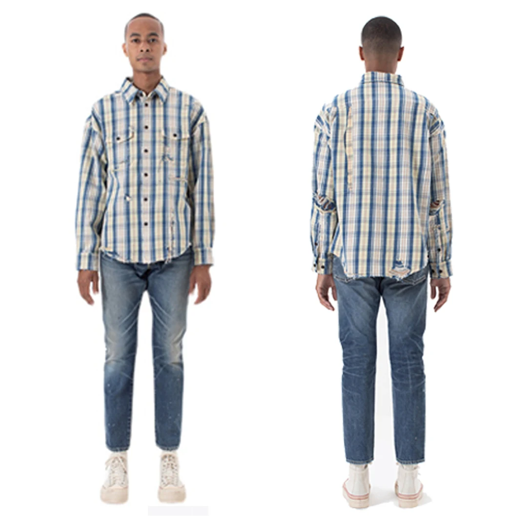 

men's VISVIM FIL 22SS PIONEER CRASH destroyed plaid shirt Nakamura washed patch shirt