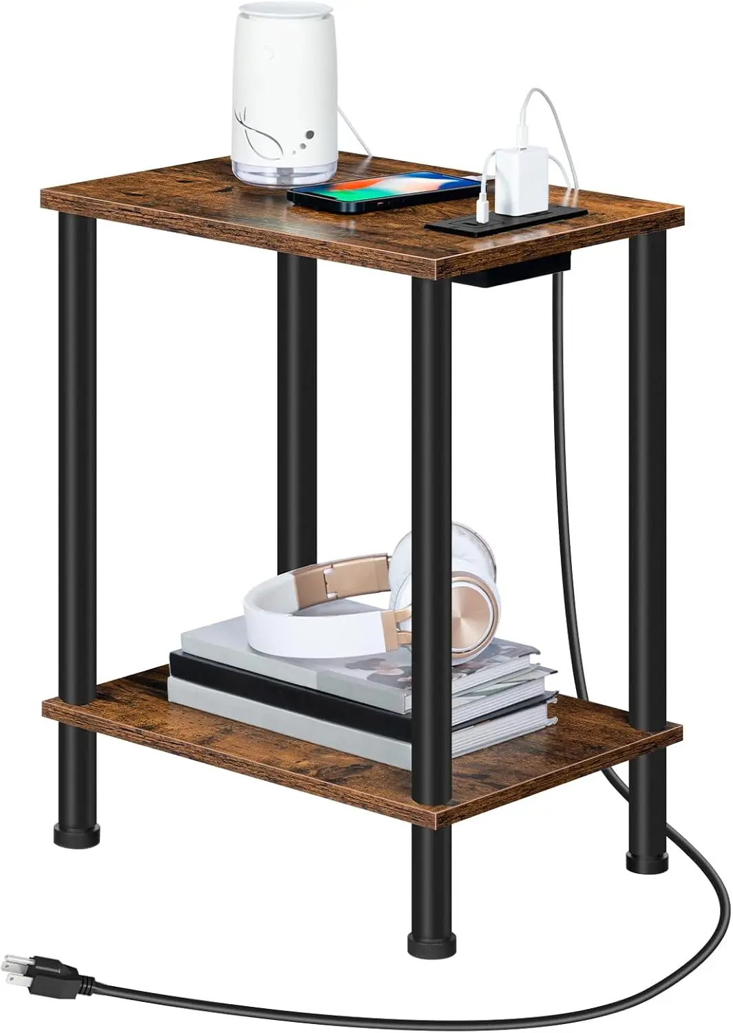 

Side Table with Charging Station, USB Port and Outlet, 2-Layer Storage, Rustic Brown, Fits Small Spaces