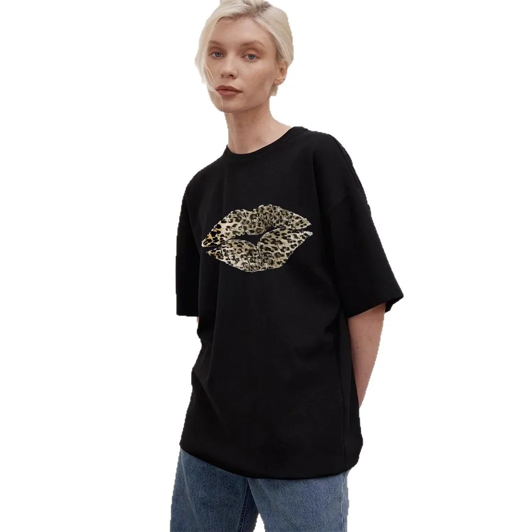 

Retro Leopard Print Lip Stamp Pure Cotton Loose round Ne ort Sve T-irt Women's Summer Versatile Casual Knitted Top