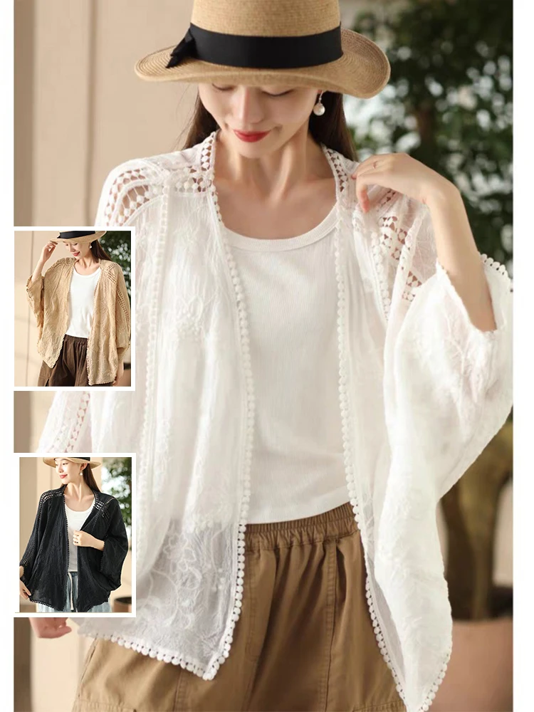 

Нежная однотонная вышитая ажурная кофта-жакет с V-образным вырезом в стиле Бэтгёрл для защиты от солнца, больших размеров, женская повседневная верхняя одежда