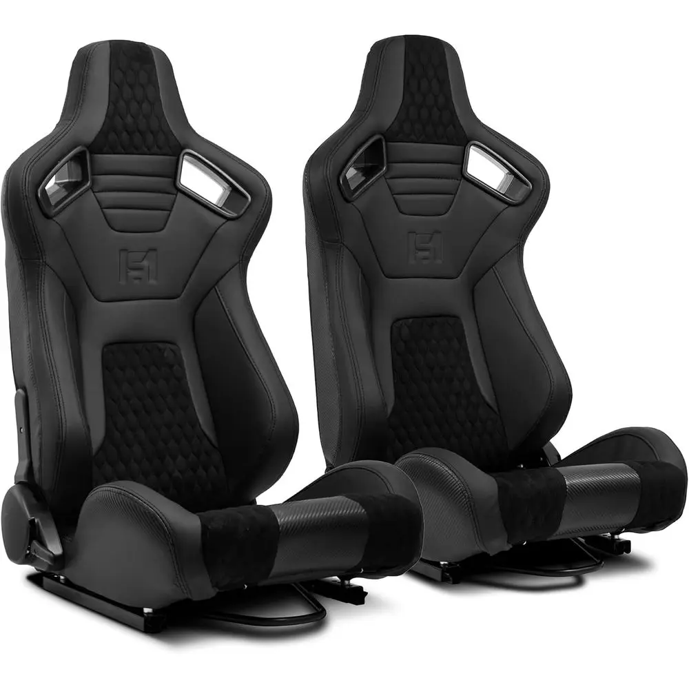 All Black PVC and Suede Snake Racing Seats with Carbon Fiber Style and Reclinable Feature