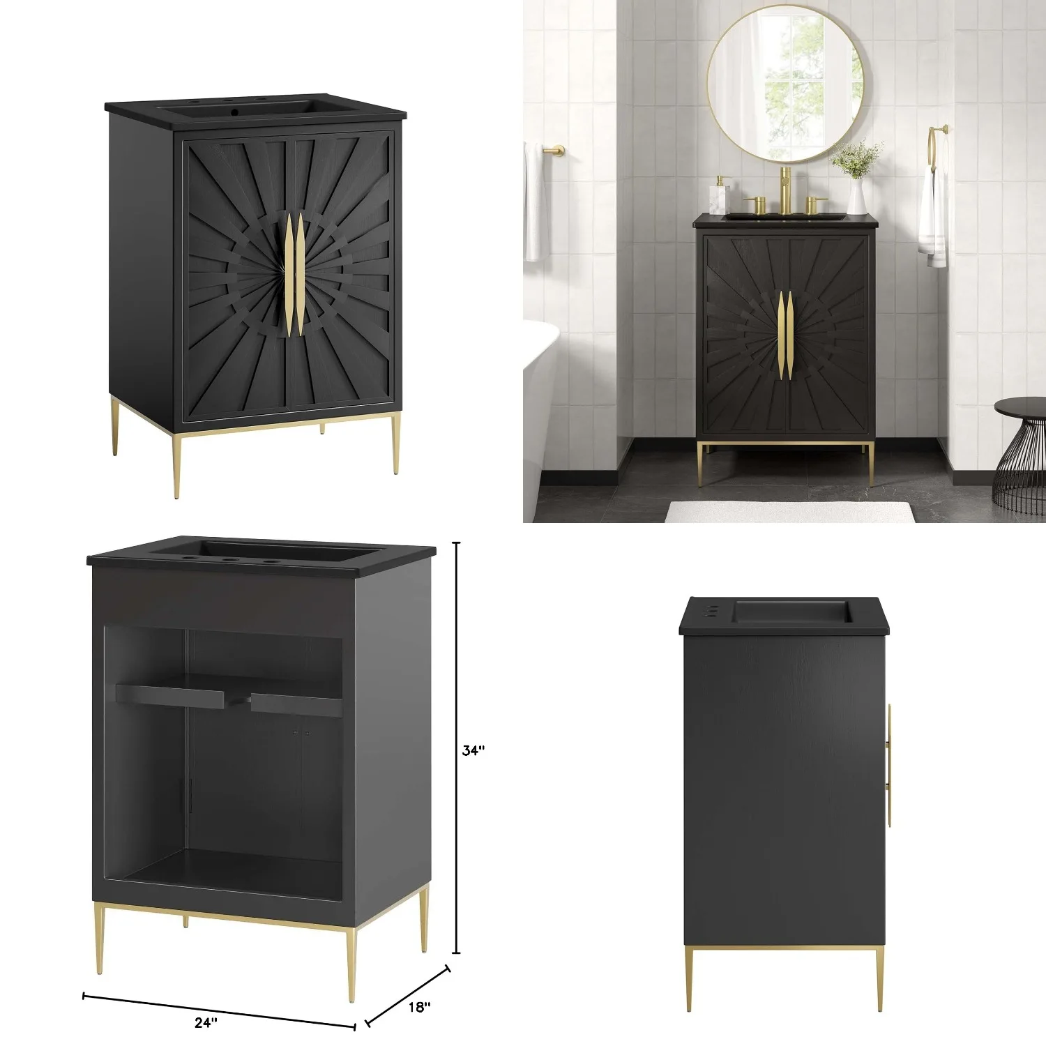 

24" Black Bathroom Vanity Cabinet with Sink, Storage, Wall Mount, Customized