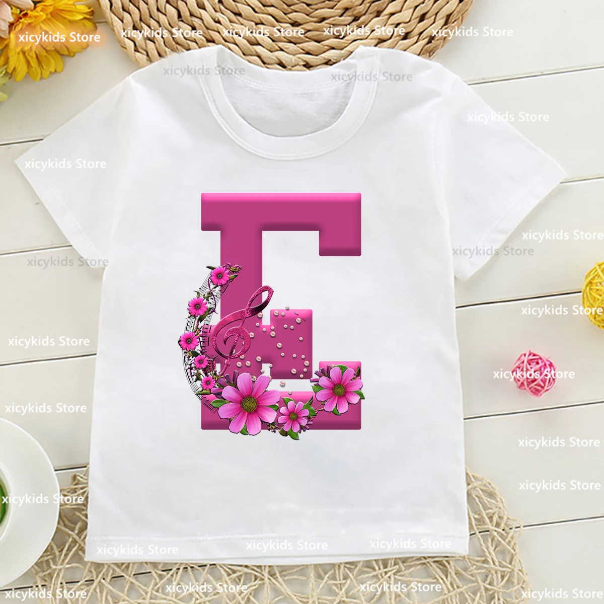 Pink Music Rose 26 Letter Printed Girls T-Shirt A B C D E F Printed Kids Tshirt Summer Fashion Girls Clothes White Top Wholesale