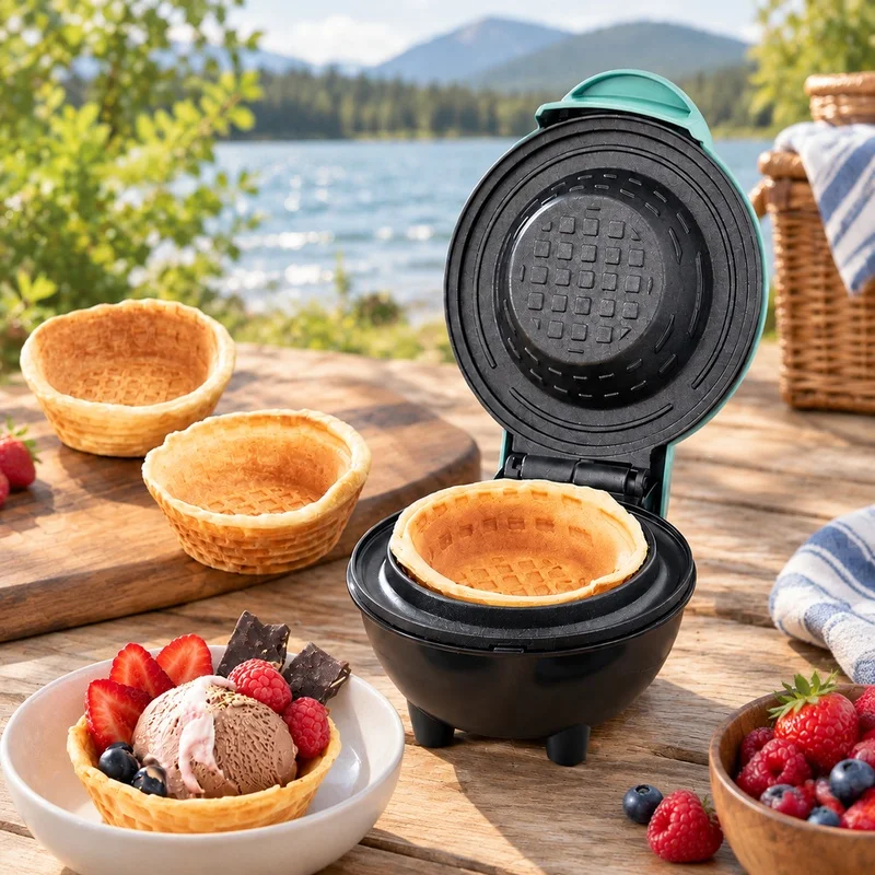 Electric Waffle Bowl Maker with Dual Voltage 110V/220V, Perfect for Homemade Breakfast Treats, Egg Rolls, Tarts, and Ice Cream