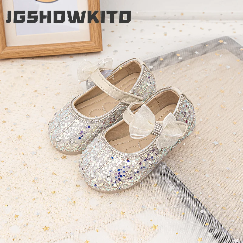 JGSHOWKITO Toddler Girls Mary Jane Shoes Sweet Bow First Walker Kids Flat Shoes Non-slip Princess Glitter Children Leather Shoes