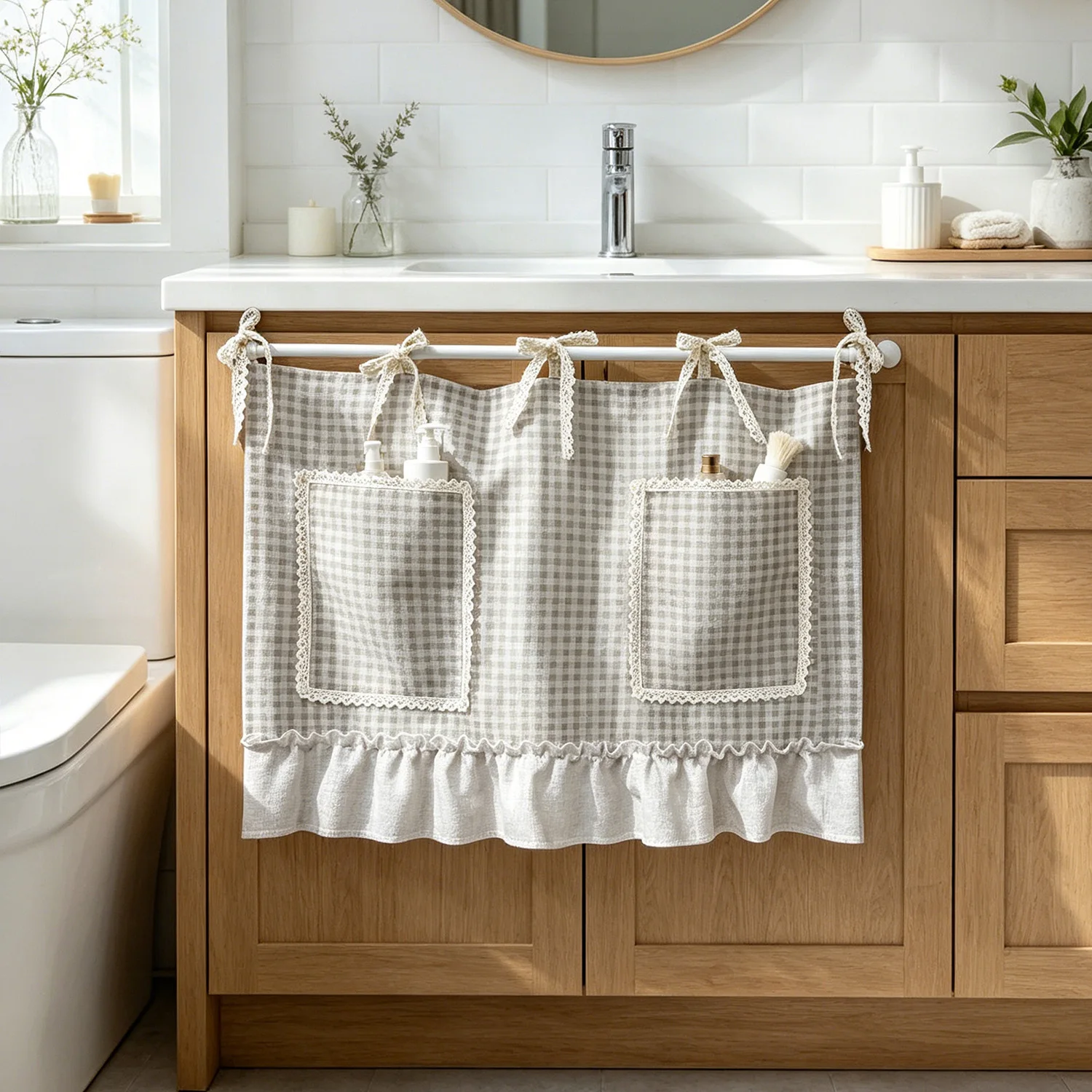 Plaid Oven Door Curtain, Lace Ruffled with Storage Pockets, Tie Top Kitchen Curtains for Microwave, Farmhouse Home Decor