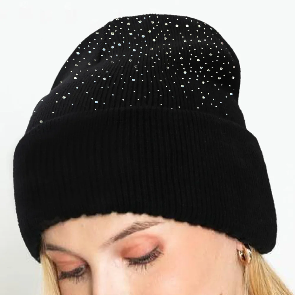 Thicken Women Knit Beanies With Rhinestone Slouchy Beanie Hats Winter Knit Caps Breathable Soft Ski Hat Cuffed Skull