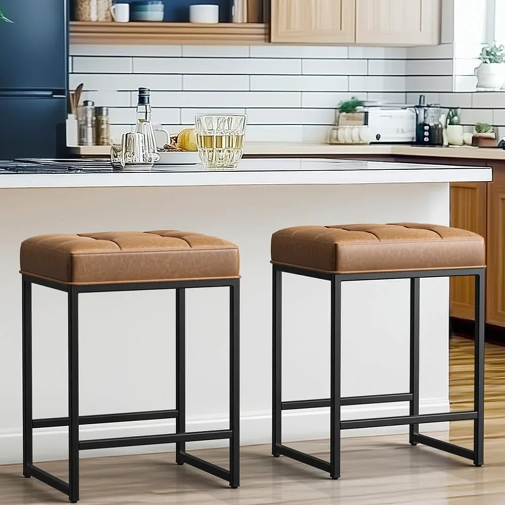 

Bar Stools Set of 2, 24 Inch Counter Height Bar Stools Set, Backless Kitchen Island Stools, Faux Leather Stools for Kitchen Isl