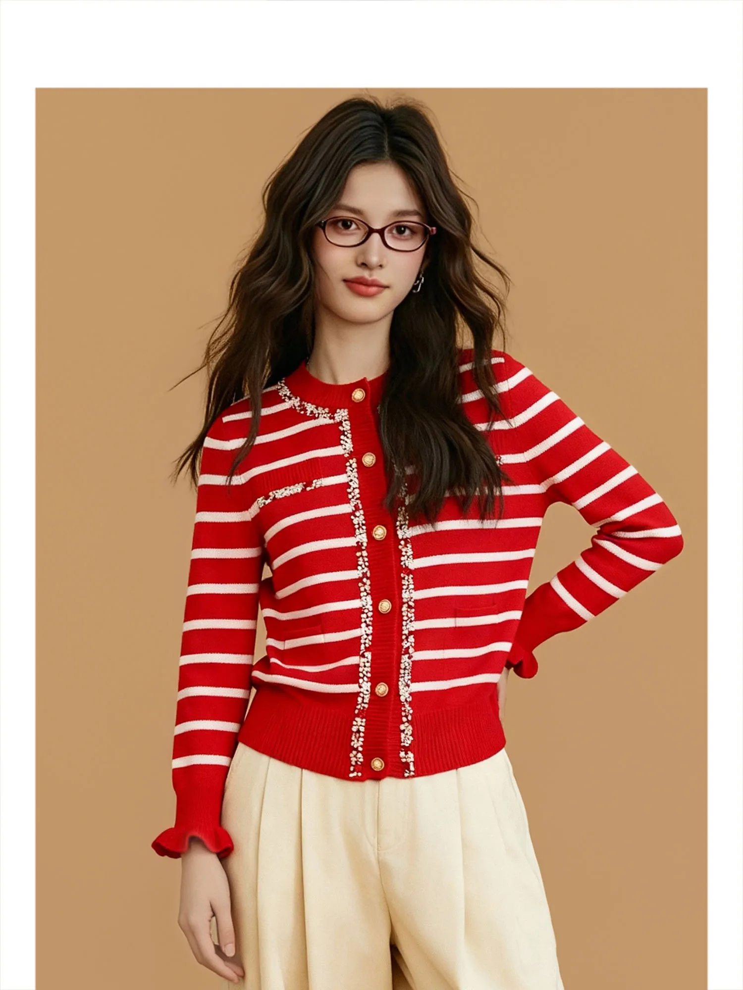 

Forever 2 Red Stripe Long Sve Knitted Open Cardigan Women's Autumn Winter Sweater Jaet ort Slim Inner Wear Top