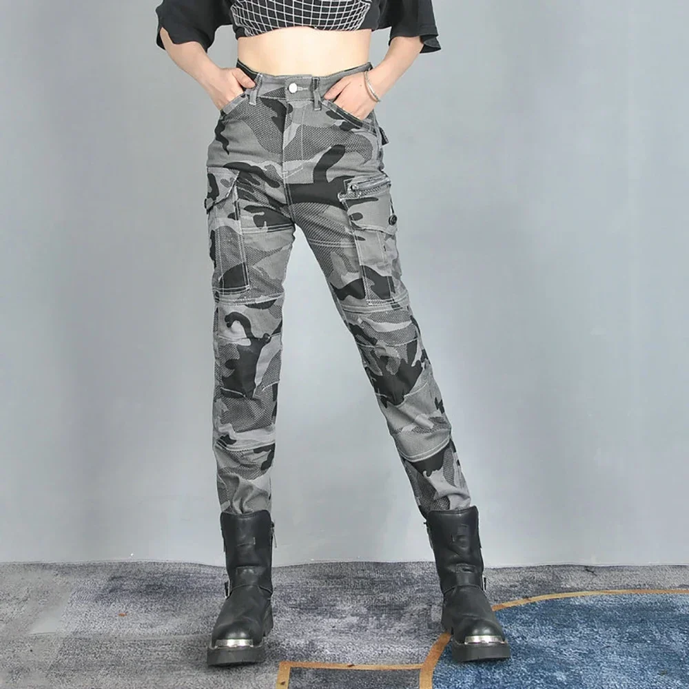 VOLERO Women's Motorcycle Jeans Casual Retro Camouflage High Waist Breathable Motorcycle Riding Fall Proof Pants Camouflage