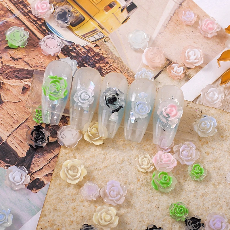 50PCS 8MM UV Light Sensitive Color Changing Nail Flower Charms Rose Accessories For Nails Decoration Supplies Manicure Parts