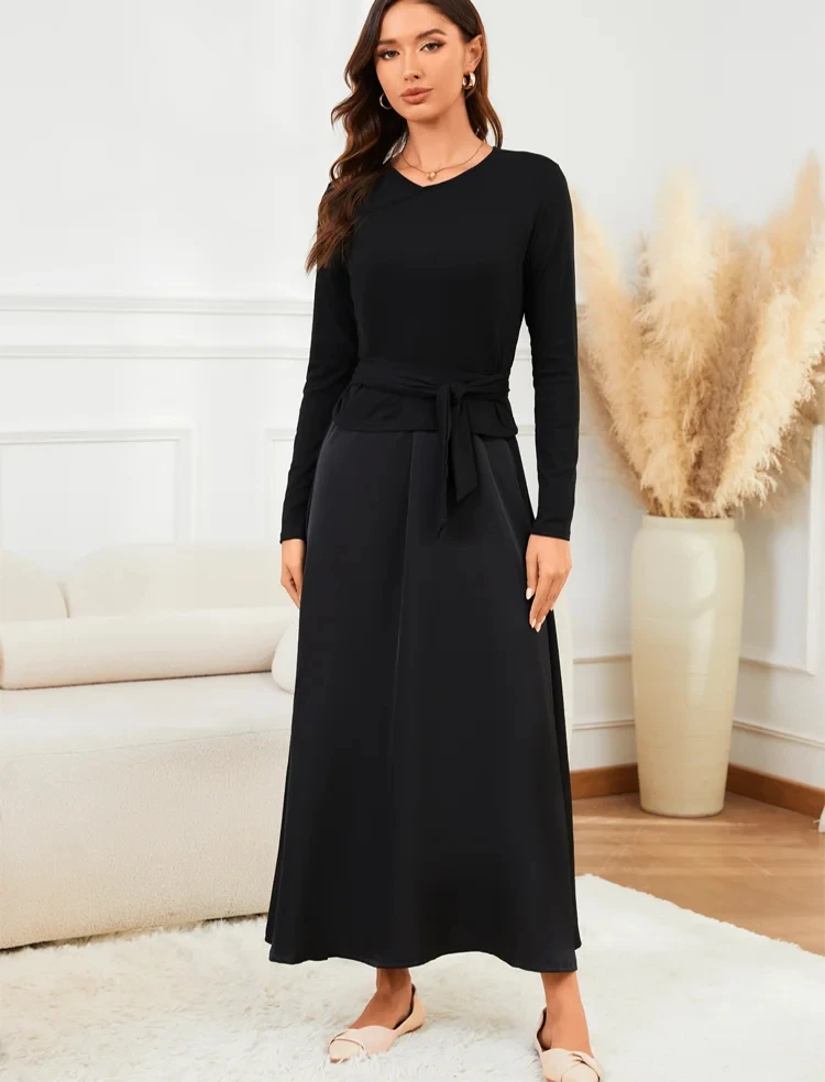 

Модный женский длинный костюм, хлопковый вязаный топ с v-образным вырезом и поясом + атласная однотонная длинная юбка на бретельках