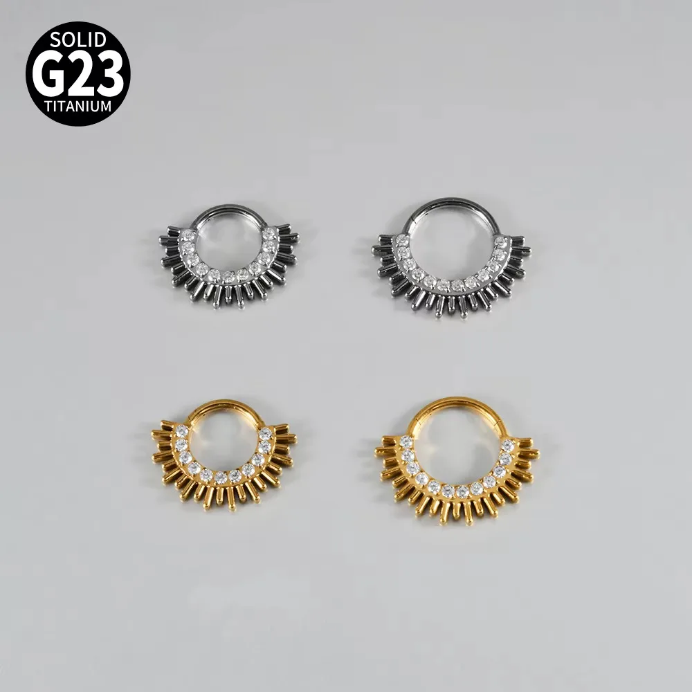 1PC G23 Titanium Sun Ray Hinged Segment Clicker 16G Pronged Round CZ Sun Rays Cluster Helix Daith Hoop Earrings Piercing Jewelry