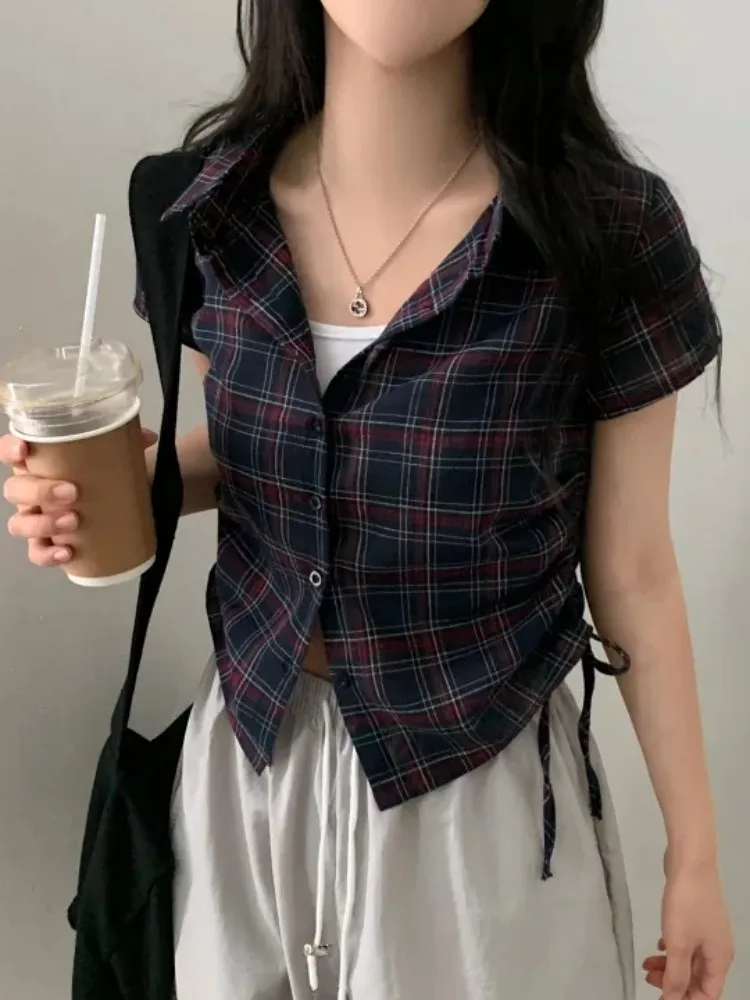 

Chic Summer Vintage Versatile Turn-down Collar Small Button Side Gathered Design ort Plaid irt Women's Top Commute Sle