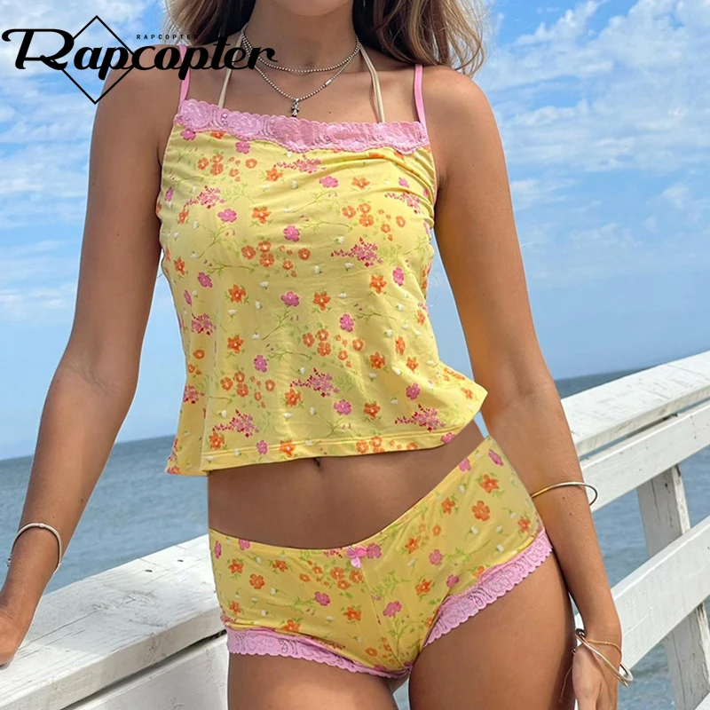 Rapcopter y2K Small Floral Two Pieces Sets Lace Patchwork Crop Top And Shorts Suits Women Holiday Beach Sets Cute Korean Clothes