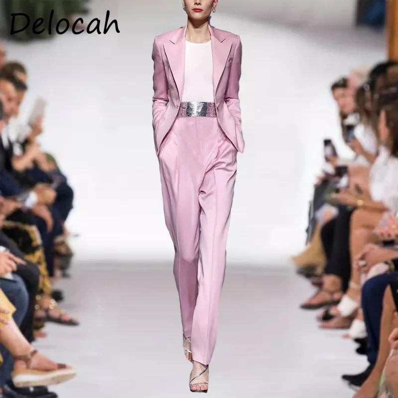 

Delocah New 2021 Autumn Women Fashion Runway Long Pants Long Sleeve Sashes Jacket + High Waist Print Long Pant 2 Two Pieces Suit