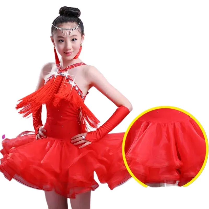 Professional Girls Modern Ballroom Latin Dance Costumes Fringe Latin Dance Dress Fluffy Tulle Skirt Children Latina Dresses