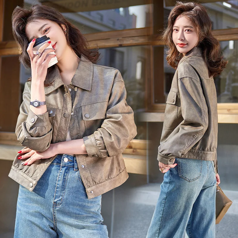 trend leather jacket short jacket for women in spring 2024, new western-style design, sheep leather jacket top