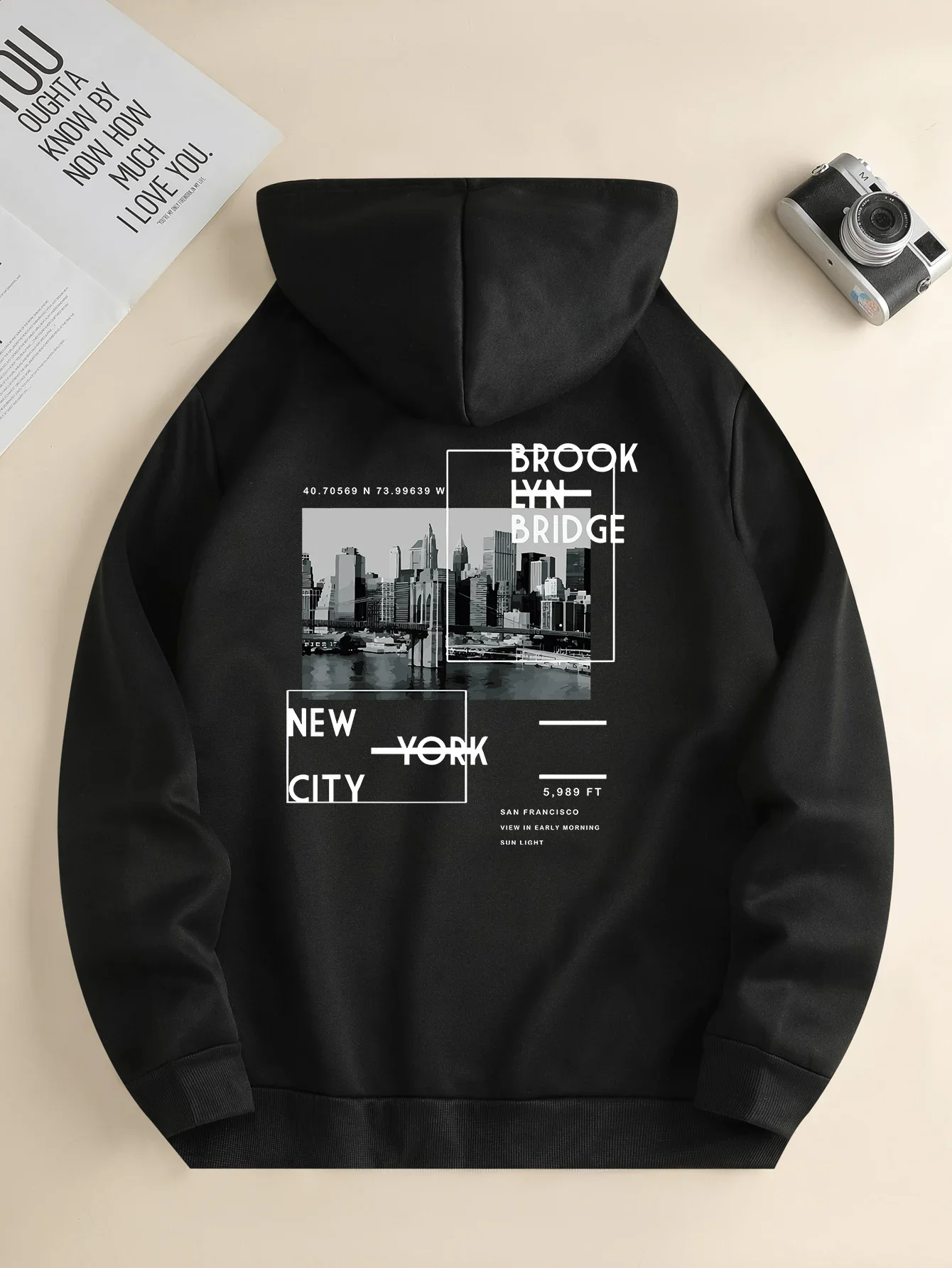 Men's new fashion hoodie  everyday drawstring hooded sweatshirt, city print, front kangaroo pocket, jacket Korean Couple