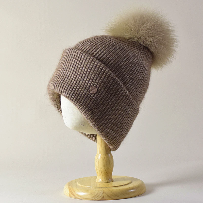 قبعة المرأة الشتاء الصوف قبعة متماسكة ريال فوكس الفراء Pompom الخريف الدافئة التزلج ملحق للرياضة في الهواء الطلق #5