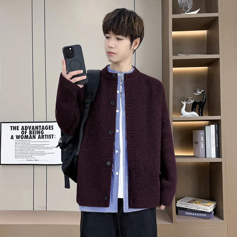 

Новый мужской вязаный кардиган 2025 года: осенне-зимний повседневный дизайн, на пуговицах, с открытым передом, теплый, мягкий, свободный крой, круглый вырез