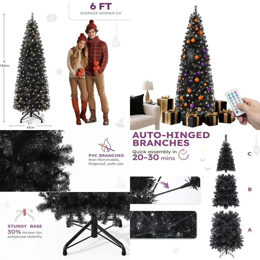 

Черная тонкая рождественская елка с дистанционным управлением на 6 футов, 700 наконечниками для ветвей и 200 огнями для праздничного декора