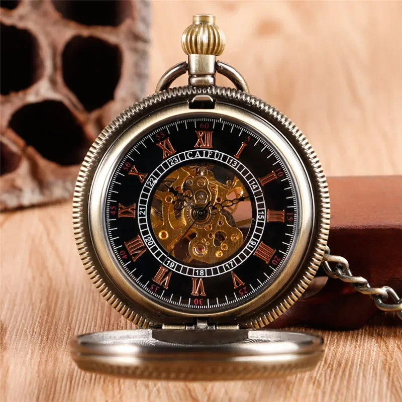 Steampunk Half Hunter Men Women Handwinding Mechanical Pocket Watch Carving Roman Number Skeleton Pendant Chain Collectable