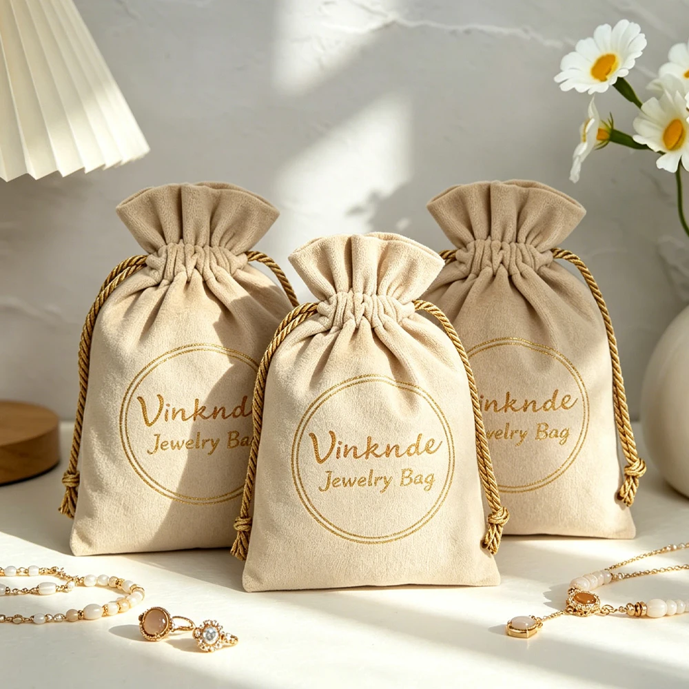 

50Pcs Personalized Soft Sandy Beige Jewelry Drawstring Velvet Bag Rings Earrings Necklace Bracelet Wig Cosmetic Organizer Pouch