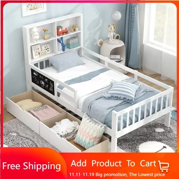 Łóżko podwójne z 2 szufladami do przechowywania, rama łóżka dziecięcego z litego drewna z zagłówkiem i tablicą w szafce na książki, białe