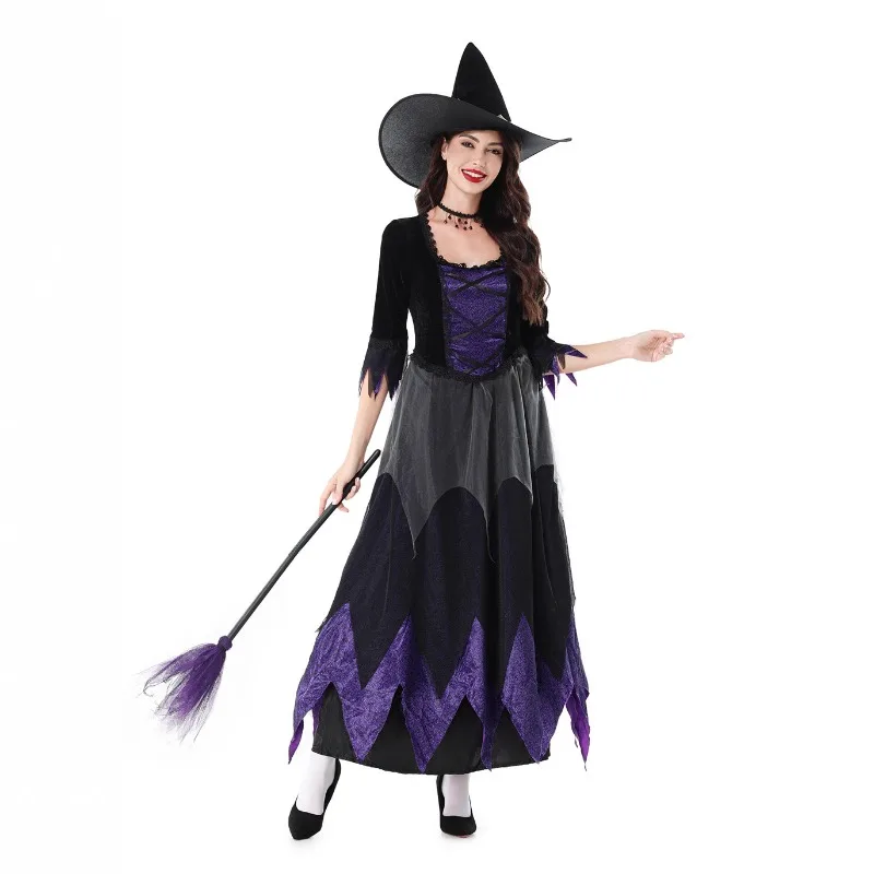 2025 nuevo disfraz de Halloween para mujer, disfraz de bruja de malla púrpura para adulto, conjunto de vestido de manga larga para actuación de fiesta de carnaval