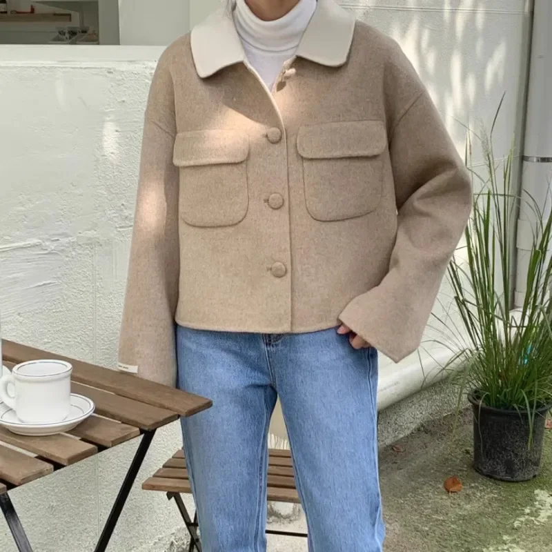 Simple Elegant Contrast Color Turn-down Collar Jackets Single Breasted Loose All-match Long Sleeve Top Autumn Winter Woolen Coat