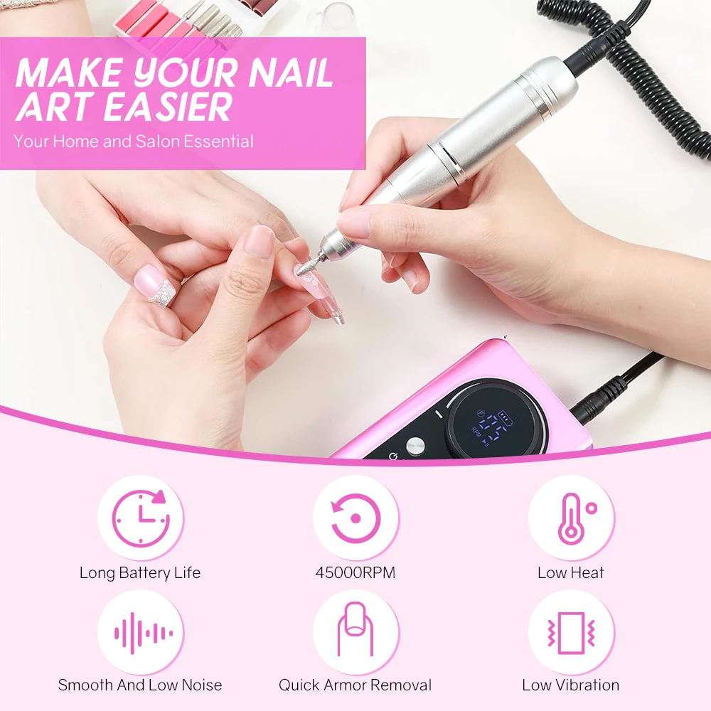 45000 RPM oplaadbare nagelboormachine met LCD geluidsarme professionele nagellakschuurmachine nagelaccessoireset