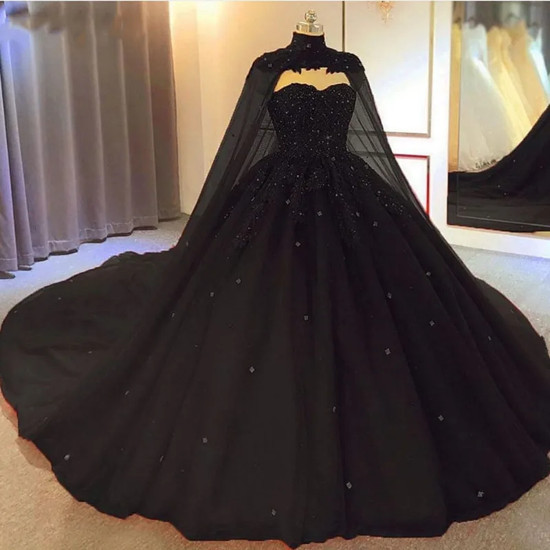 ANGELSBRIDEP Black Ball Gown Gothic Wedding Dress With Cape Sweetheart Beaded Tulle Princess Bridal Non Victorian Plus Size