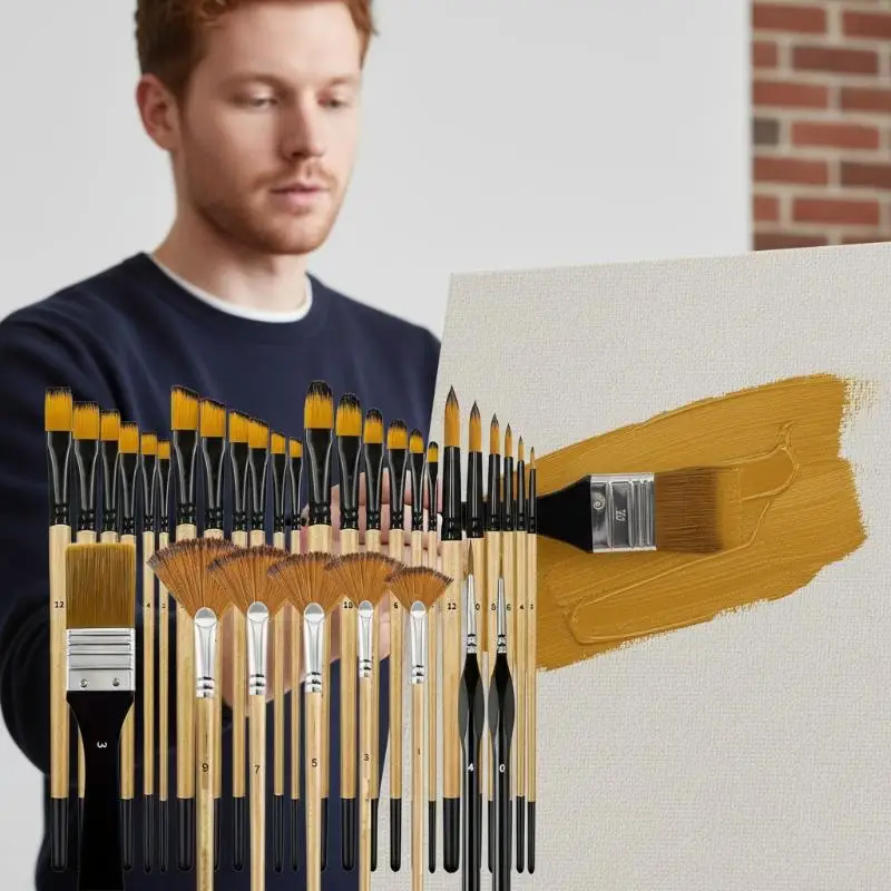 28/32Pcs Paint Brush Set For Acrylic Painting Premium Nylon Bristles With Round Filbert,Flat,Fan,Angle,Fine Detail Brush