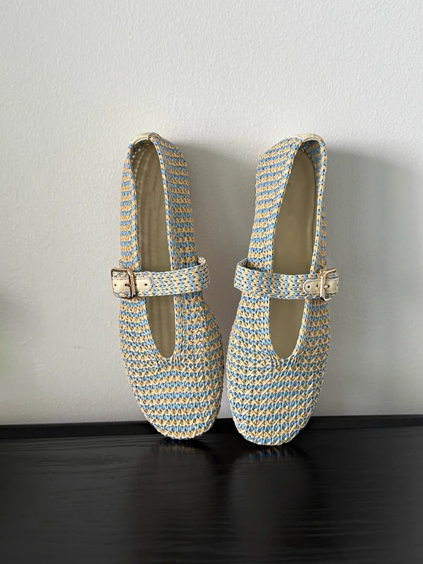 

Withered Summer Flat Shoes French Country Vacation Natural Raffia Straw Woven Sandals Colorful Mary Jane Shoes Women