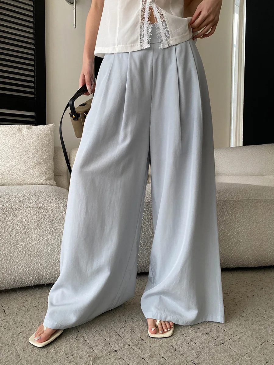 Sommerliche Damen-Freizeithose in Uni-Farbe, halb elastisch, hoher Bund, locker geschnitten, weites Bein – Detail 33