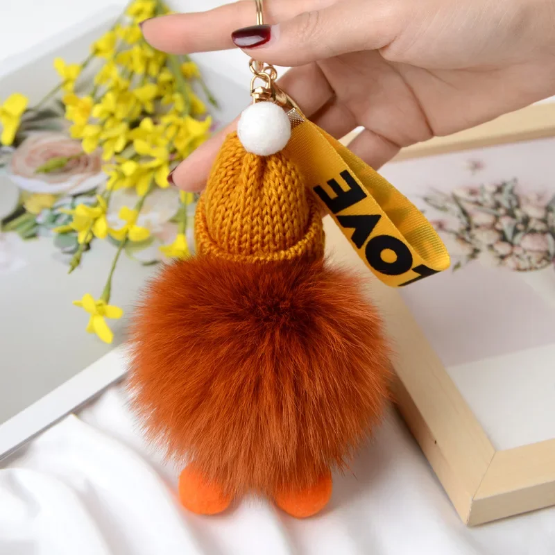 Cute Sleep Baby Pompom Keychain Real Fox Fur Doll Keyring Plush Doll Pendant Fashion Key Holder Chain for Car Key Ring Women Bag