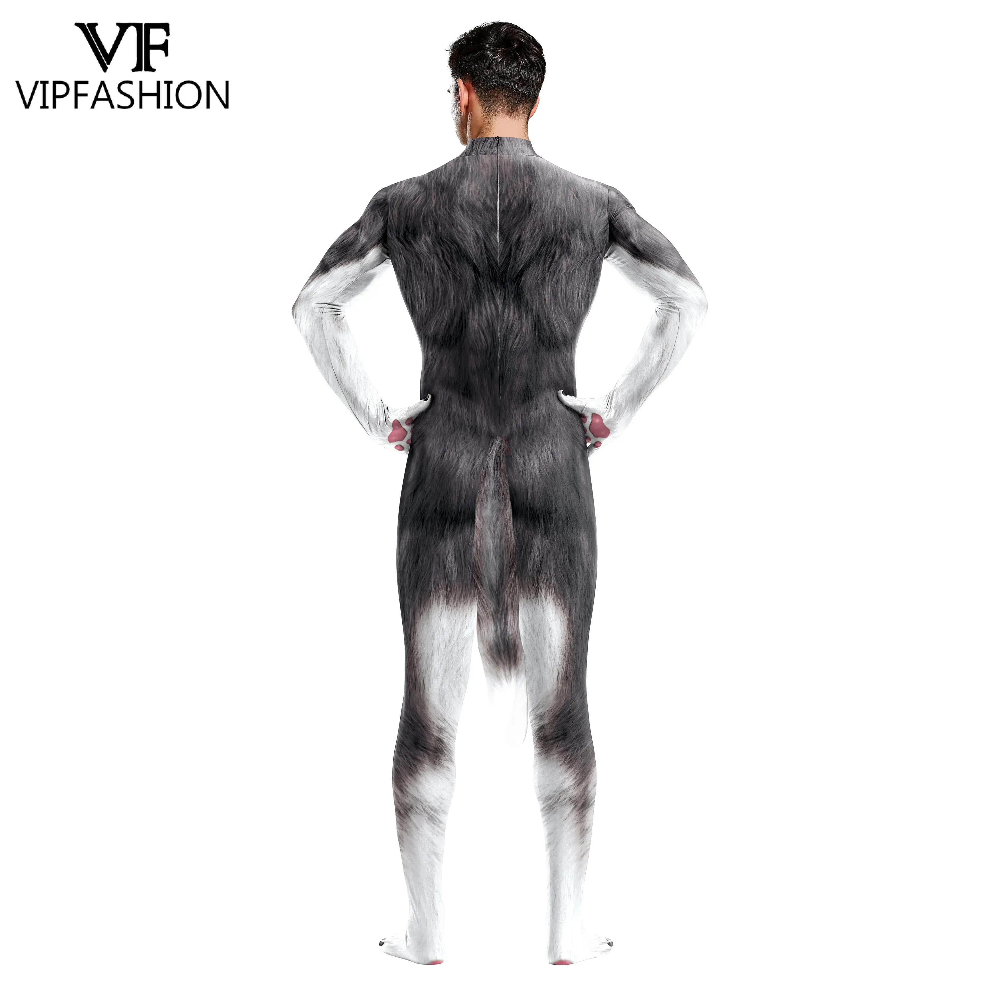 VIP FASHION Adults Full Bodysuits Creative Wolf Animal Printed Cosplay Costumes Zentai Suits with Big Tail And Crotch Zipper