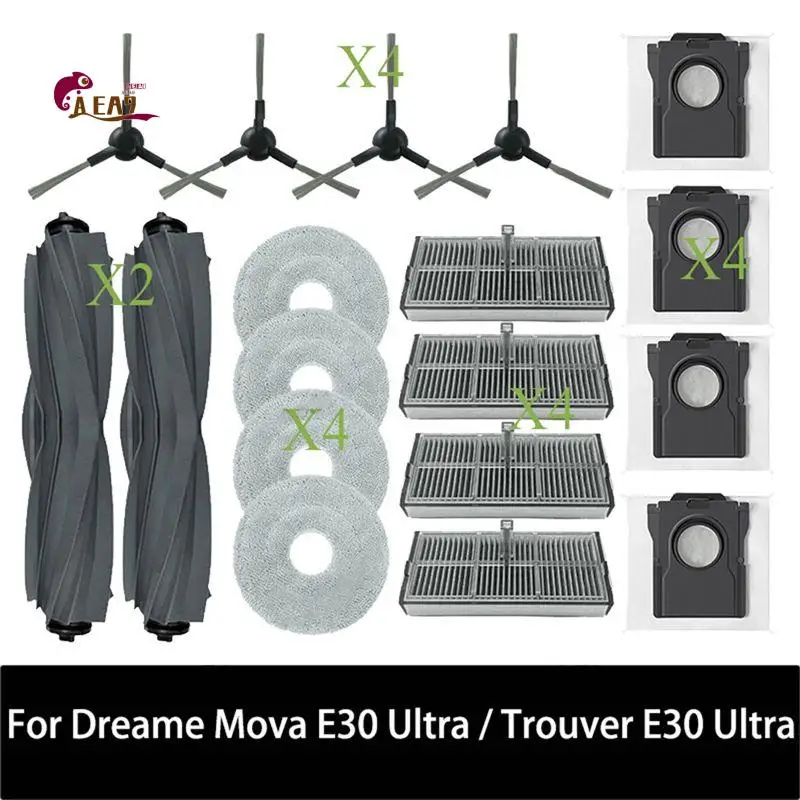 

Запчасти для пылесосов Dreame Mova E30 Ultra / Trouver E30 Ultra: основная роликовая щетка Tricut, боковая щетка, HEPA-фильтр, салфетка для влажной уборки, мешок для сбора пыли.