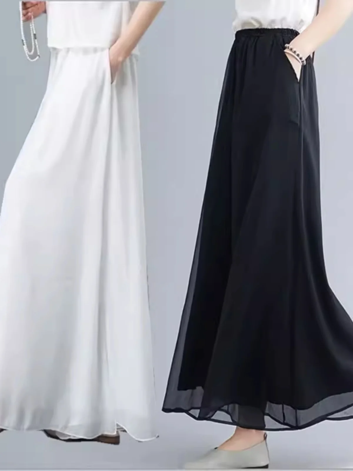 High Waist Wide Leg Pants Women's Loose Elastic Waist Thin Style Chiffon Draping Fairy Skirt Pants Casual Long Trousers